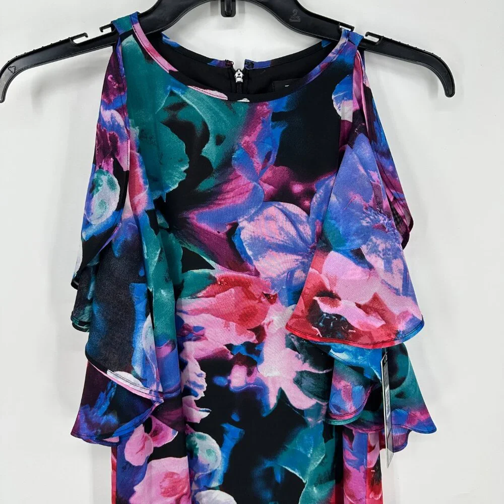 Tahari Abstract‎ Floral Cocktail Dress 4 RuffleTrim Sleeveless Swing Black Pink